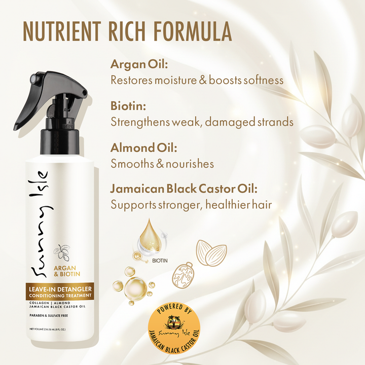 Sunny Isle Argan & Biotin Hydrating Shampoo, Conditioner, Heat Protectant, Leave-In Detangler Bundle