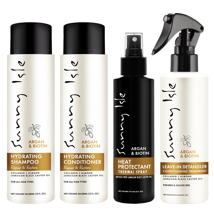 Sunny Isle Argan & Biotin Hydrating Shampoo, Conditioner, Heat Protectant, Leave-In Detangler Bundle