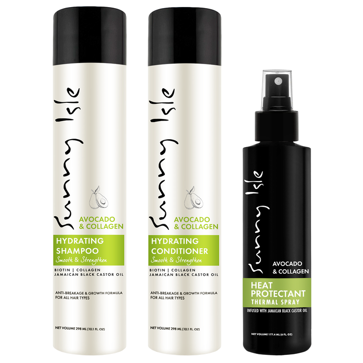 Sunny Isle Avocado & Collagen Hydrating Shampoo & Conditioner 10.1oz, Heat Protectant Bundle