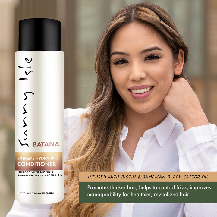 Hispanic young woman long brown hair with Sunny Isle Batana Conditioner 12oz biotin infused