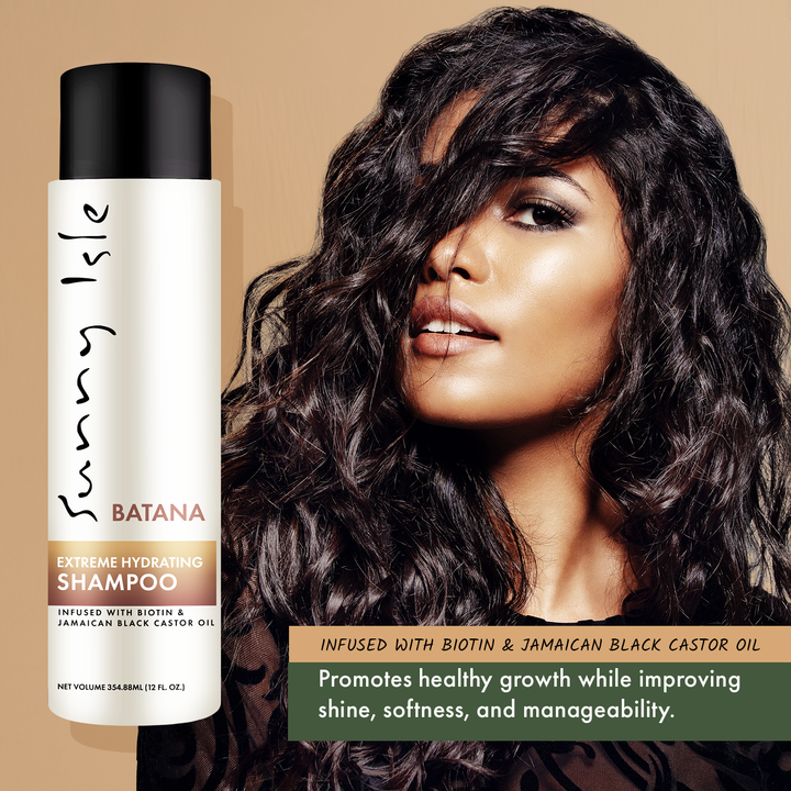 Mixed race woman long hair promoting Sunny Isle Batana Shampoo 12oz for hair growth.