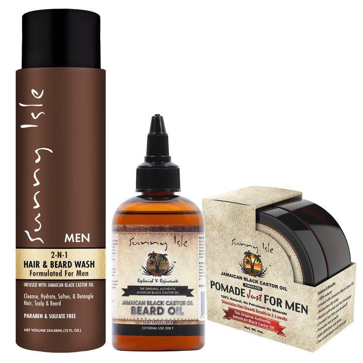 Sunny Isle JBCO Beard Oil, Pomade and 2-N-1 Hair & Beard Wash 3-Piece Bundle