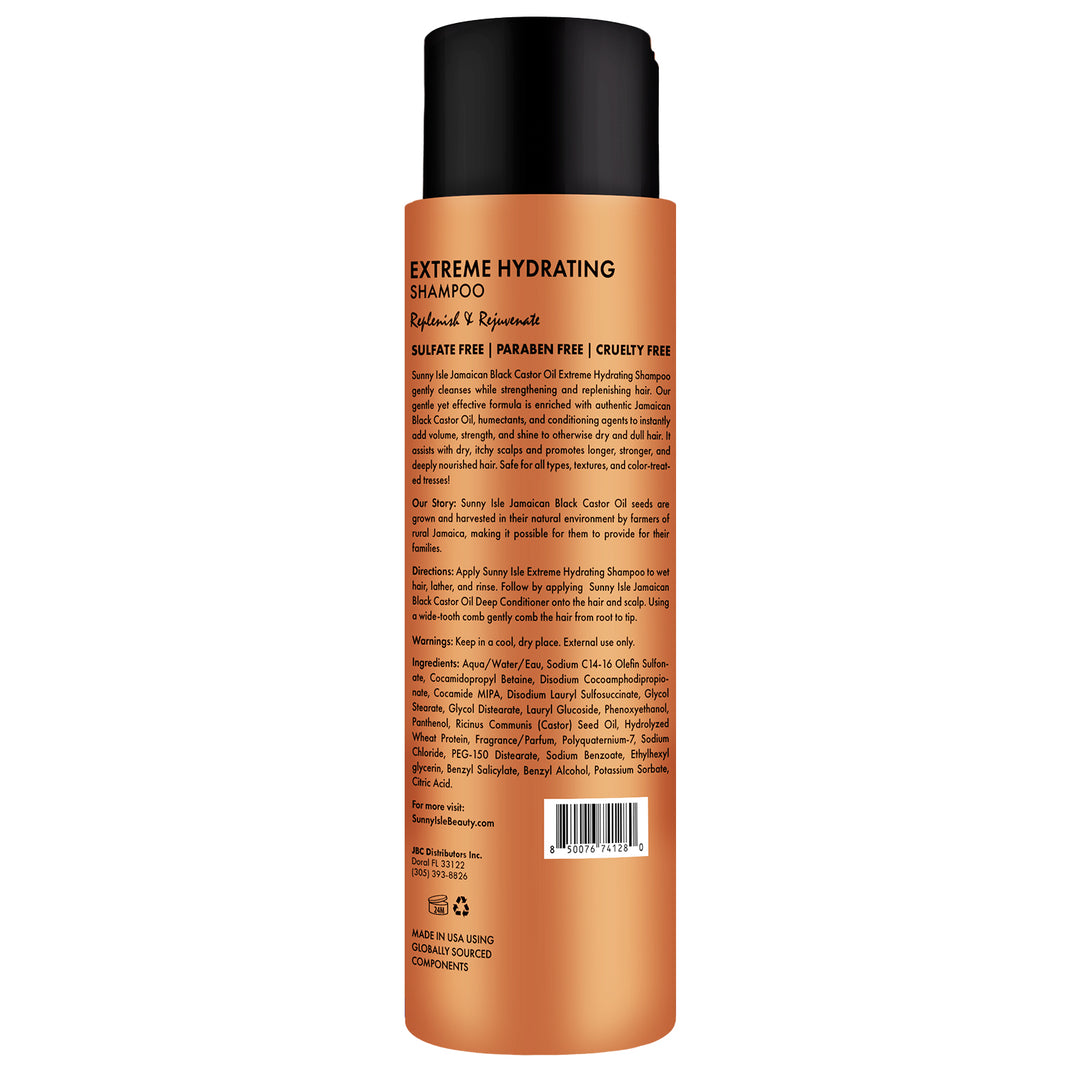Sunny Isle Jamaican Black Castor Oil Extreme Hydrating Shampoo 12oz back with ingredients