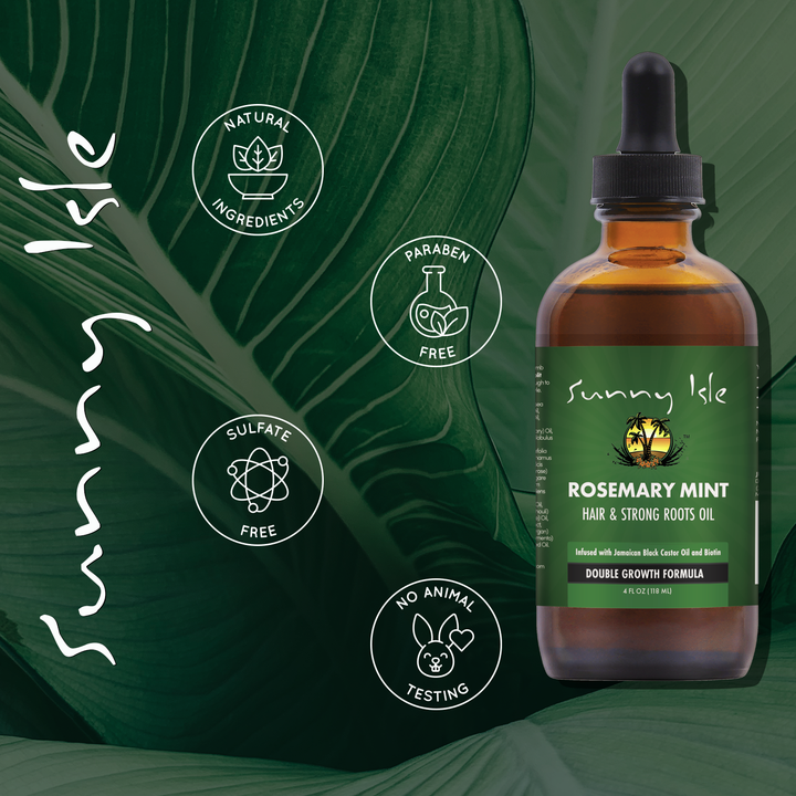 Sunny Isle Rosemary Mint Hair and Strong Roots Oil 4oz infographic