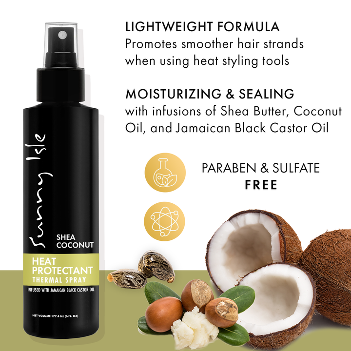 Sunny Isle Shea Coconut Heat Protectant Thermal Spray 6oz infographic benefits