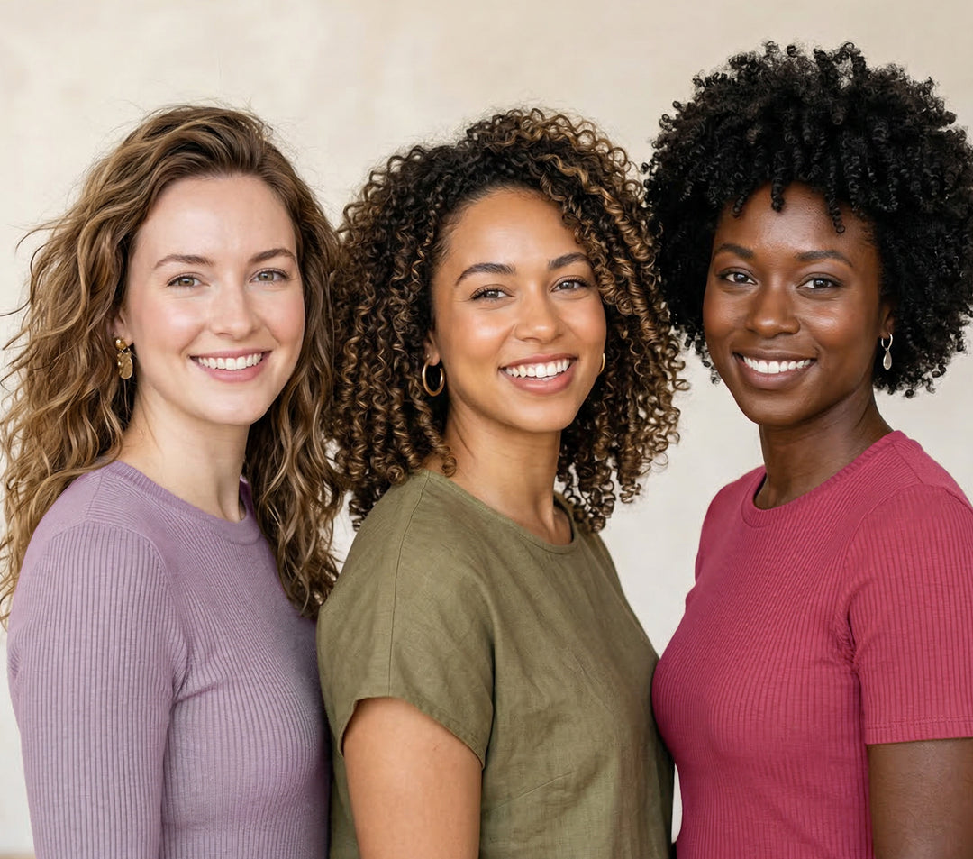 Three women with different hair types standing together against a plain background